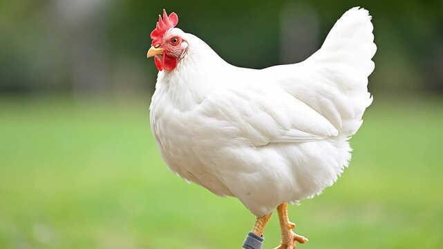 White hen with a leg band for identification and tracking in poultry farming, focusing on animal welfare, sustainable agriculture, and food traceability.