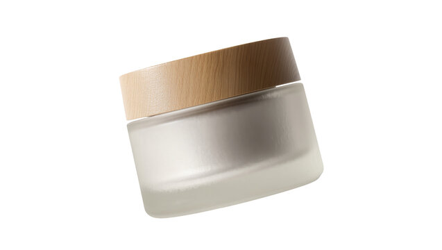 Isolated elegant frosted glass cosmetic cream jar with natural wooden lid for beauty product