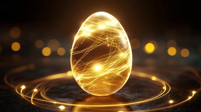 Golden egg pulses with inner light. Warm energy swirls around its surface. Dazzling glow illuminates dark surroundings. Mystical aura suggests hidden power. Perfect for fantasy or spiritual themes