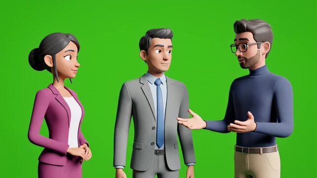 Animated business team discussing strategy on green screen background perfect for explainer videos and presentations with cartoon style characters