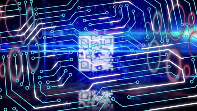 Animation of processor socket and qr code over dark background