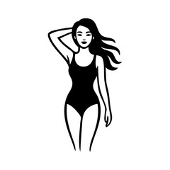 Logotipo con dibujo con líneas de una mujer con bikini de estilo retro, posando de pie con un brazo en la cabeza y el cabello al viento  © teracreonte