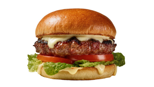 Isolated delicious gourmet cheeseburger with melted cheese, fresh tomato, and lettuce