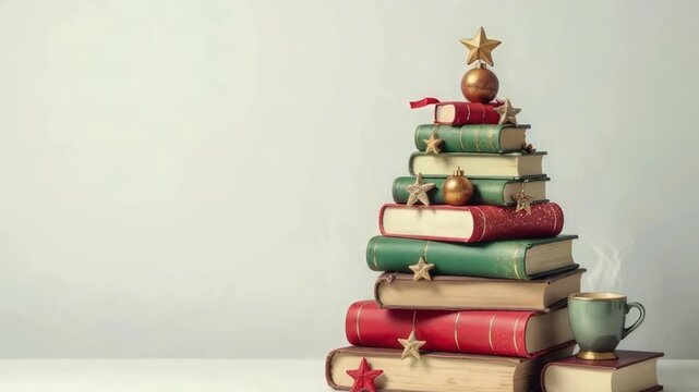Stacked books shaped like christmas tree with golden star topper and ornaments beside a steaming mug on a light neutral background with copy space, cozy holiday reading atmosphere