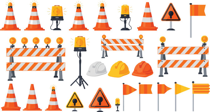 Construction Safety Equipment Vector Icon Set Featuring Traffic Cones Warning Barriers Flashing Lights Hard Hats and Worksite Safety Signs
