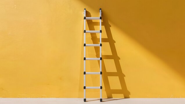 Modern silver ladder leaning against a vibrant yellow wall with a dramatic shadow creating a dynamic contrast and symbolizing creative potential bold design choices and minimalist aesthetic appeal.