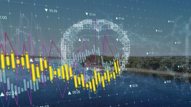 Animation of financial data processing over human brain icon against aerial view of beach