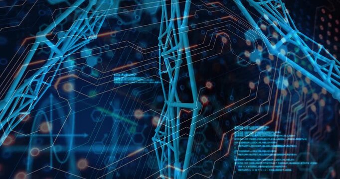 Animation of abstract structure, data and molecules over circuit board pattern in background