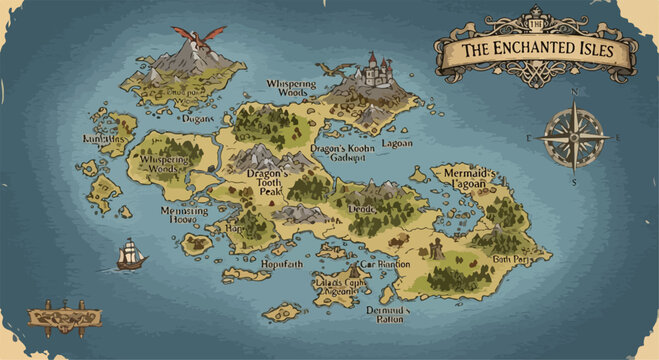 Detailed hand-drawn fantasy map of 'The Enchanted Isles' with islands, mountains, forests, castles, and a sailing ship, perfect for games and stories