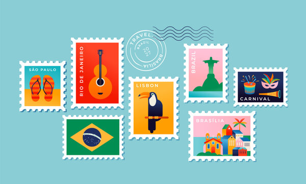 Viva Brazil colorful postage stamps. Brazilian cultural symbols and icons, including carnival mask, guitar, Christ the Redeemer, football and toucan