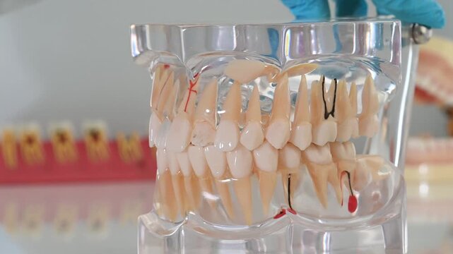 Anatomical model of a human jaw with teeth for a dentist with caries, dental crowns, a dental implant close-up on a light surface and doctor shows bite problems with dental probe and mirror