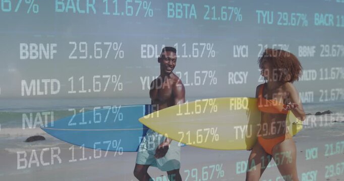 Animation of financial data processing over couple with surfboards on beach