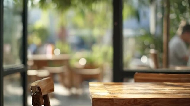 Empty wooden table and chair in a bright, inviting outdoor cafe setting