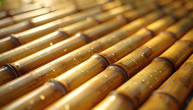 Close-up of parallel bamboo stalks with visible joints, showing a texture with water droplets reflecting warm sunlight