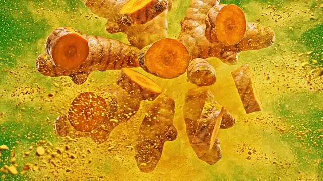 Fresh Turmeric Rhizomes and Slices with Yellow Powder Explosion on Green Screen
