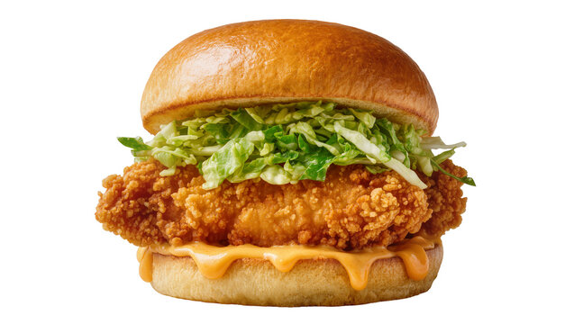 Isolated appetizing fried chicken sandwich with crispy coating, fresh cabbage, and creamy sauce.