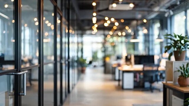 A modern office interior features glass partitions and blurred workspaces
