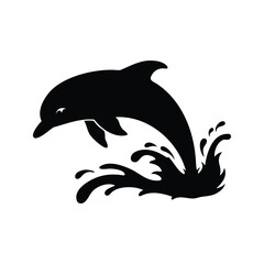 Fototapeta premium Dolphin leaping out of water with splashes silhouette vector illustration, dolphin splashing water silhouette vector illustration