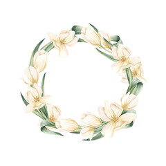 Fototapeta premium White tulips circle wreath. Watercolor delicate spring flowers frame with copy space for Mother, Women Day, wedding invitation, template. Isolated from background botanical hand painted illustration