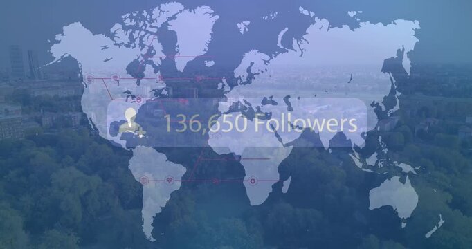 Animation of increasing followers on speech bubble over world map against aerial view of cityscape