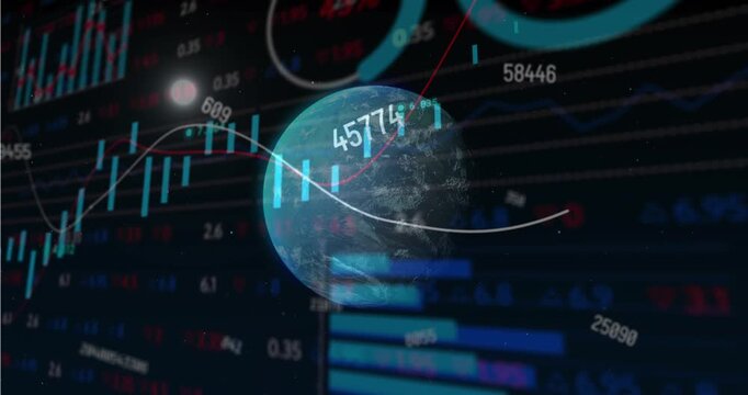 Animation of globe and network of connections with icons over binary coding rotating in warehouse