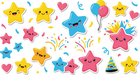 Obraz premium Cute Star and Balloon Set with Confetti, Party Hats, and Fun Icons for Celebration, Birthday, and Festive Designs