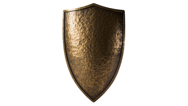 Isolated ancient hammered bronze shield with textured metallic surface and classic pointed design