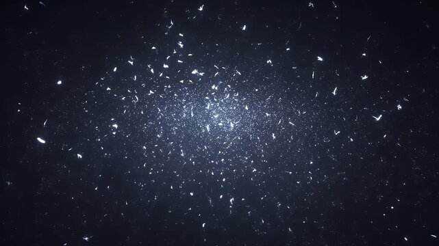 A dark space full of countless bright white and blue particles, densely clustered at the center