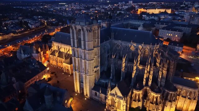 Perspective tilted drone fly of the gothic Le Mans Cathedral aka Cathedral of Saint Julian's exterior details in night, Le Mans, France