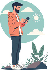 Illustrazione vettoriale di una persona in piedi che guarda lo smartphone. Concetto di comunicazione digitale, social media, tecnologia e connessione, ideale per lifestyle moderno, app e utilizzo quot © maximilian