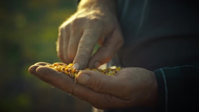 Farmer's hands carefully examine and sort corn grains outdoors before sowing them into fertile soil, embodying sustainable agriculture practices for a bountiful harvest