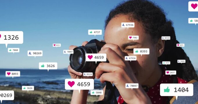 Taking photo, person surrounded by social media likes and follower count animation