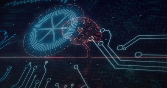 Brain-shaped microchip floating and connecting on grid, showing glowing lines and UI dial segments