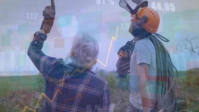 Female farm worker pointing skyward while male tech holding hose, showing floating finance charts