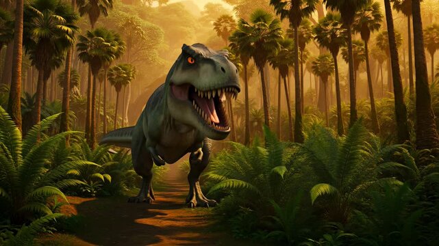 Ferocious tyrannosaurus rex roams through dense jungle with lush ferns and towering palm trees a prehistoric encounter