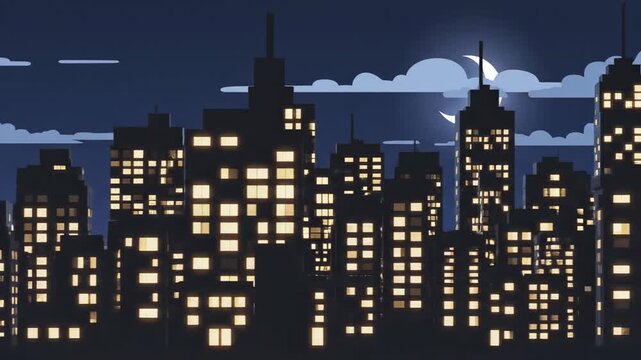Animated cityscape at night with glowing windows and moon shining through clouds background loop ready