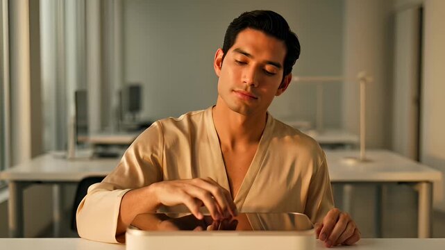Man in Silk Robe Using Futuristic Device in Modern Office at Sunrise