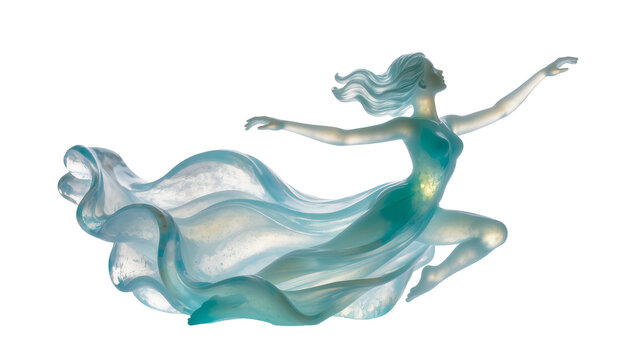 Isolated ethereal translucent woman dancing gracefully with flowing fabric in abstract fantasy art