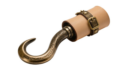 Isolated swashbuckling pirate hook with ornate brass details and leather arm cuff costume prop © Radovan