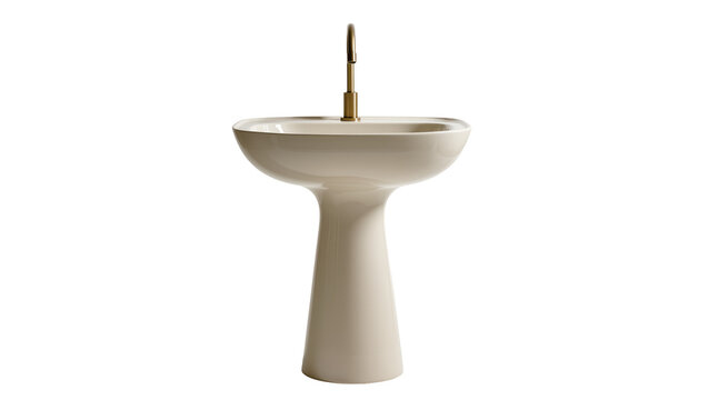 Isolated elegant designer contemporary bathroom pedestal sink with stylish brass faucet