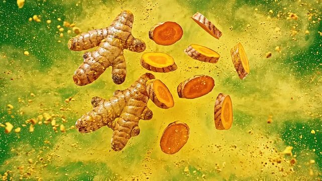 Fresh Turmeric Rhizomes and Slices with Yellow Powder Explosion on Green Screen