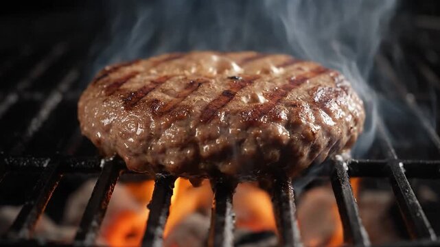 A juicy beef hamburger patty grilling on a barbecue with smoke rising and flames in the background, 4K.