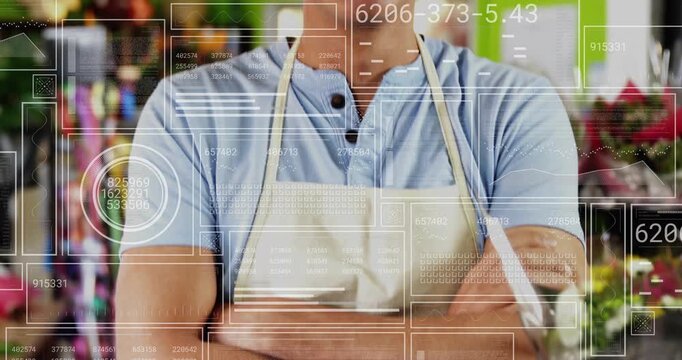 Camera panning upward revealing florist among potted flowers relaxing smiling inviting customers