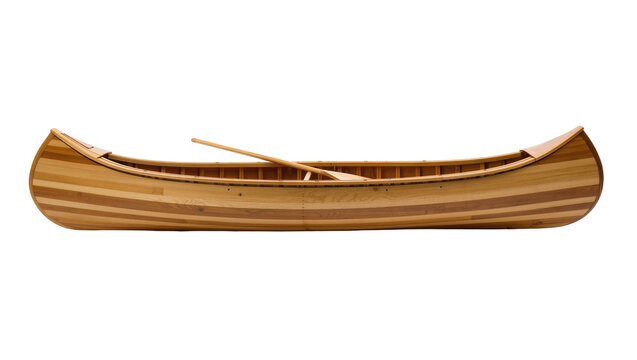 Isolated beautiful wooden striped canoe with a single paddle for lake and river adventures