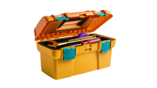 Isolated open orange and teal plastic toolbox with various essential tools inside, ready for DIY projects