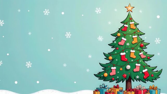 Whimsical christmas tree with stockings and baubles, star topper and wrapped gifts in snowy foreground, falling snowflakes on teal background with left copyspace, festive holiday atmosphere