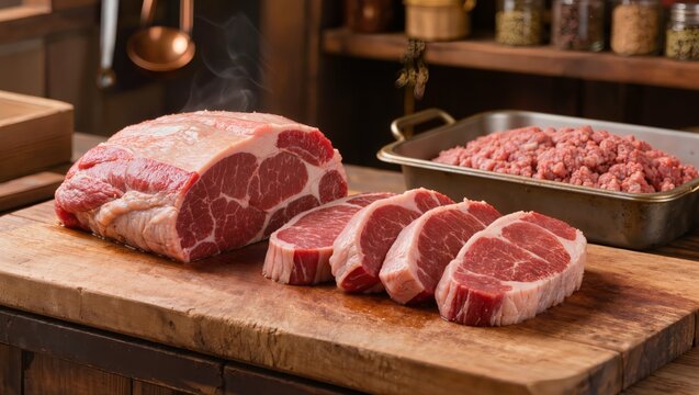 Selection of Raw Beef Roasts and Sliced Steaks on a Rustic Wooden Table in a Kitchen Setting Reflecting Traditional Culinary Heritage and the Connection between Farm and Table for Wholesome Eating.