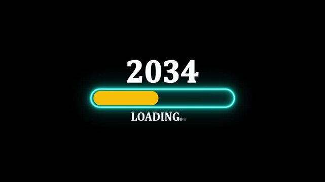 Happy New Year 2034 loading progress bar animation with glowing neon effect on black background, futuristic digital countdown and celebration concept video for coming soon 2034.