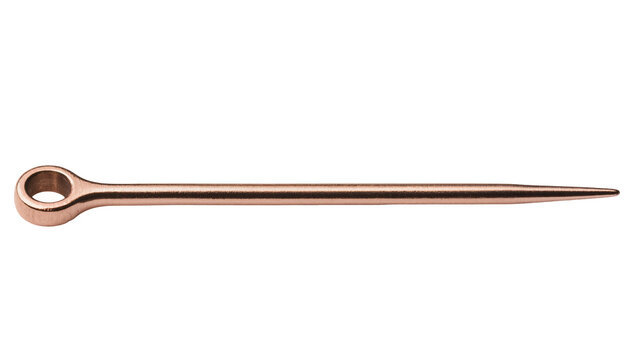 Isolated copper-toned lacing needle, a precise pointed tool with an eyelet for craftwork