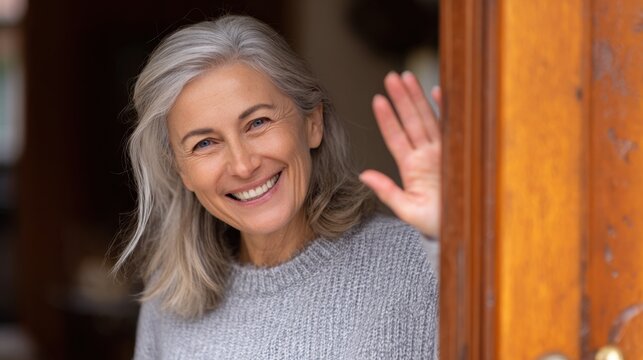 Senior woman smiling and waving at door entrance threshold